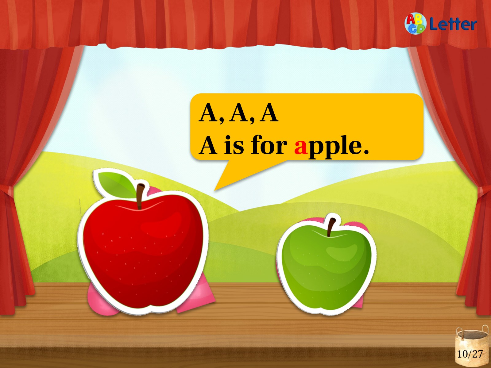 Level 1:字母与词汇,跟读字母 A 和单词 apple。