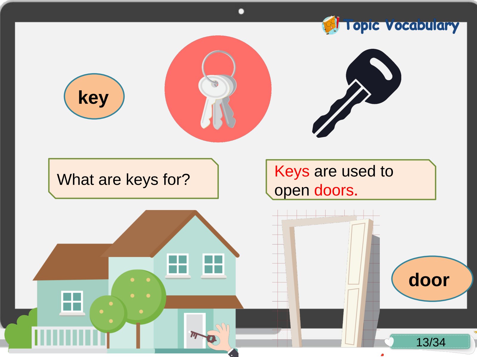 Level 5:物品用途问答,结合钥匙与门的图片,练习 What are keys for? 和对应回答。