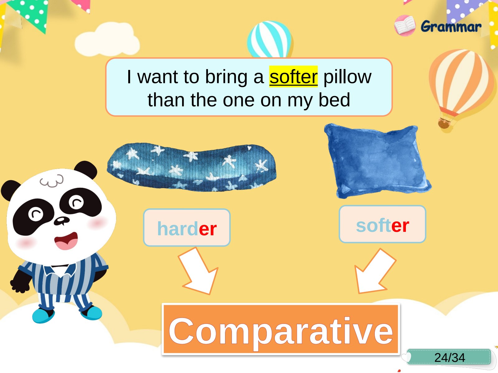 Level 5:情境中的比较级,结合枕头情境,比较 harder 与 softer 的表达。