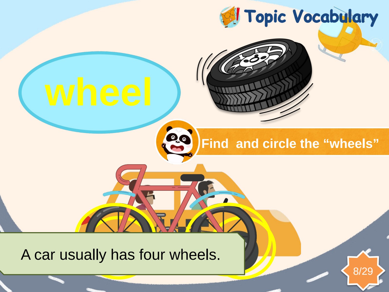 Level 6:寻找车轮,看图寻找 wheels,并根据提示圈出。