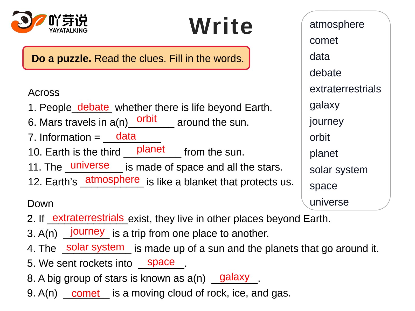 Level 8:太空词汇填空,根据释义和句子线索选词填空,页面含示例答案。